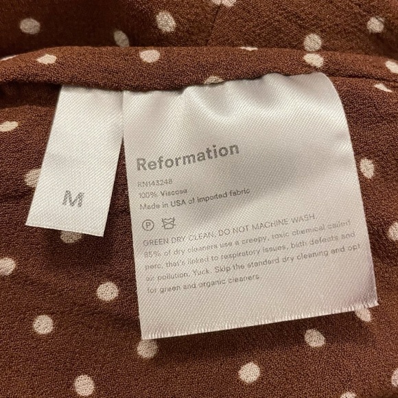 Reformation Lucky Wrap Mini Dress in Cappuccino Brown & White Polka Dot Print - Picture 10 of 14